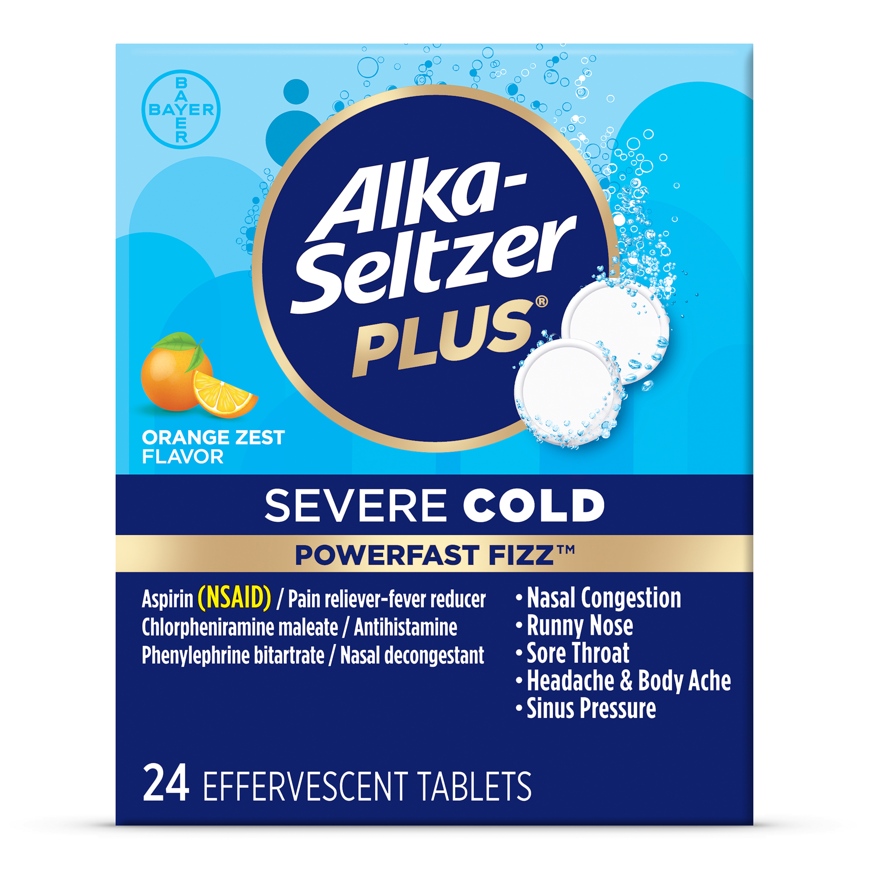 Alka Seltzer Plus Severe Cold PowerFast Fizz Effervescent Tablet, Orange Zest, 24 CT