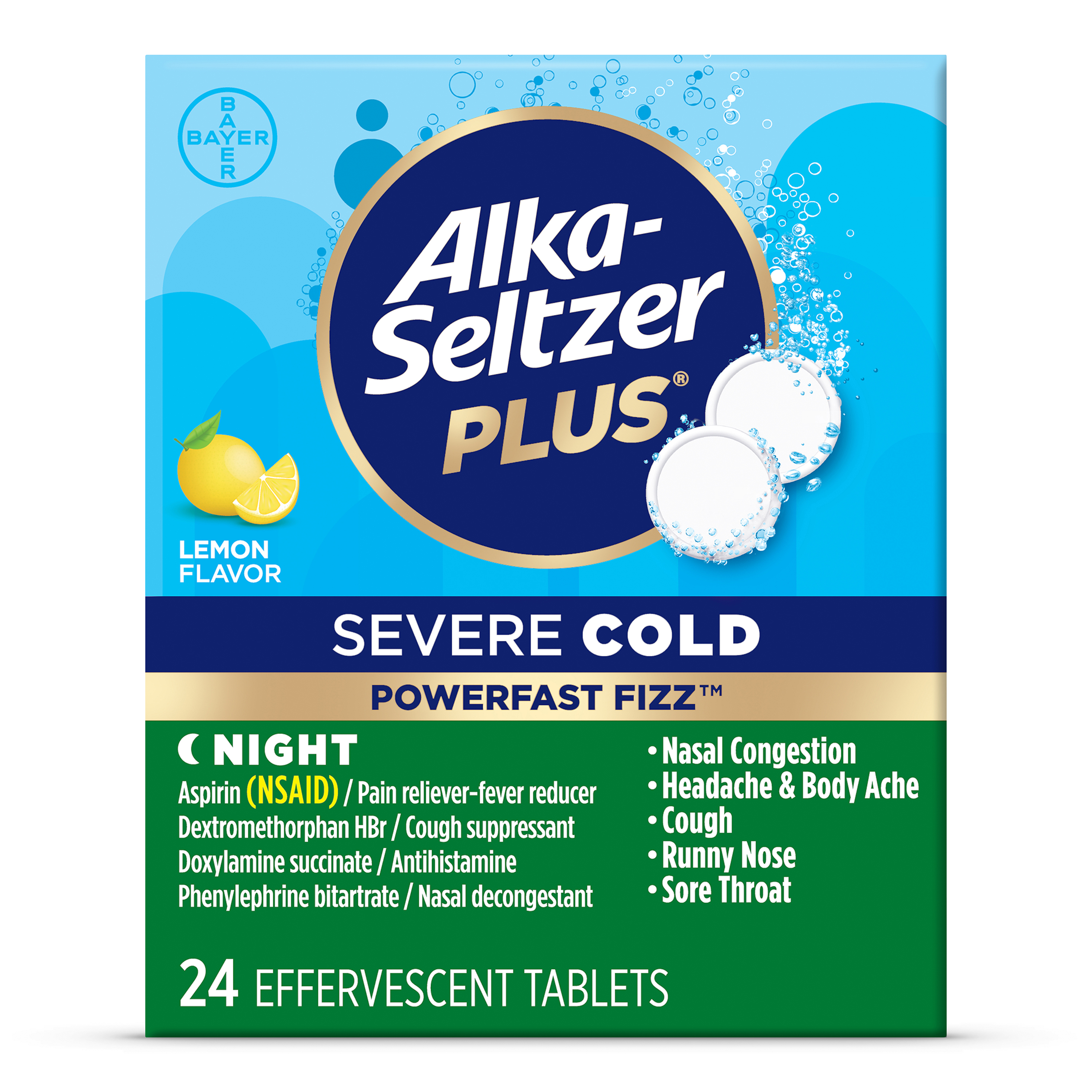 Alka-Seltzer Plus Severe Night Cold PowerFast Fizz Lemon Effervescent Tablets, 24 CT