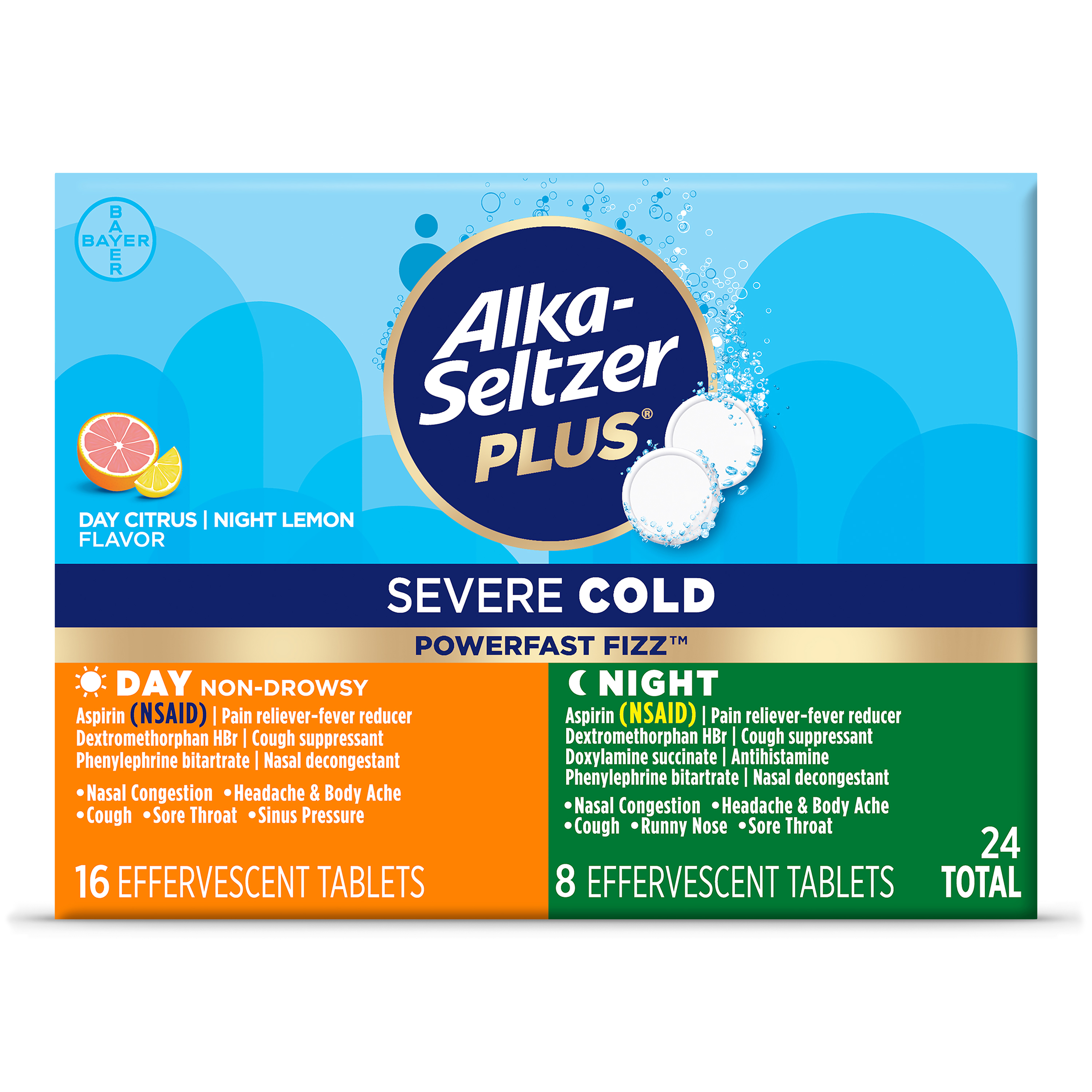 Alka Seltzer Plus Severe Day + Night Cold PowerFast Fizz Effervescent Tablets, 24 CT