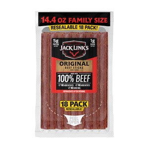  Jack Link's Beef Snack Sticks, Original, Made With 100% Beef, 18 CT 