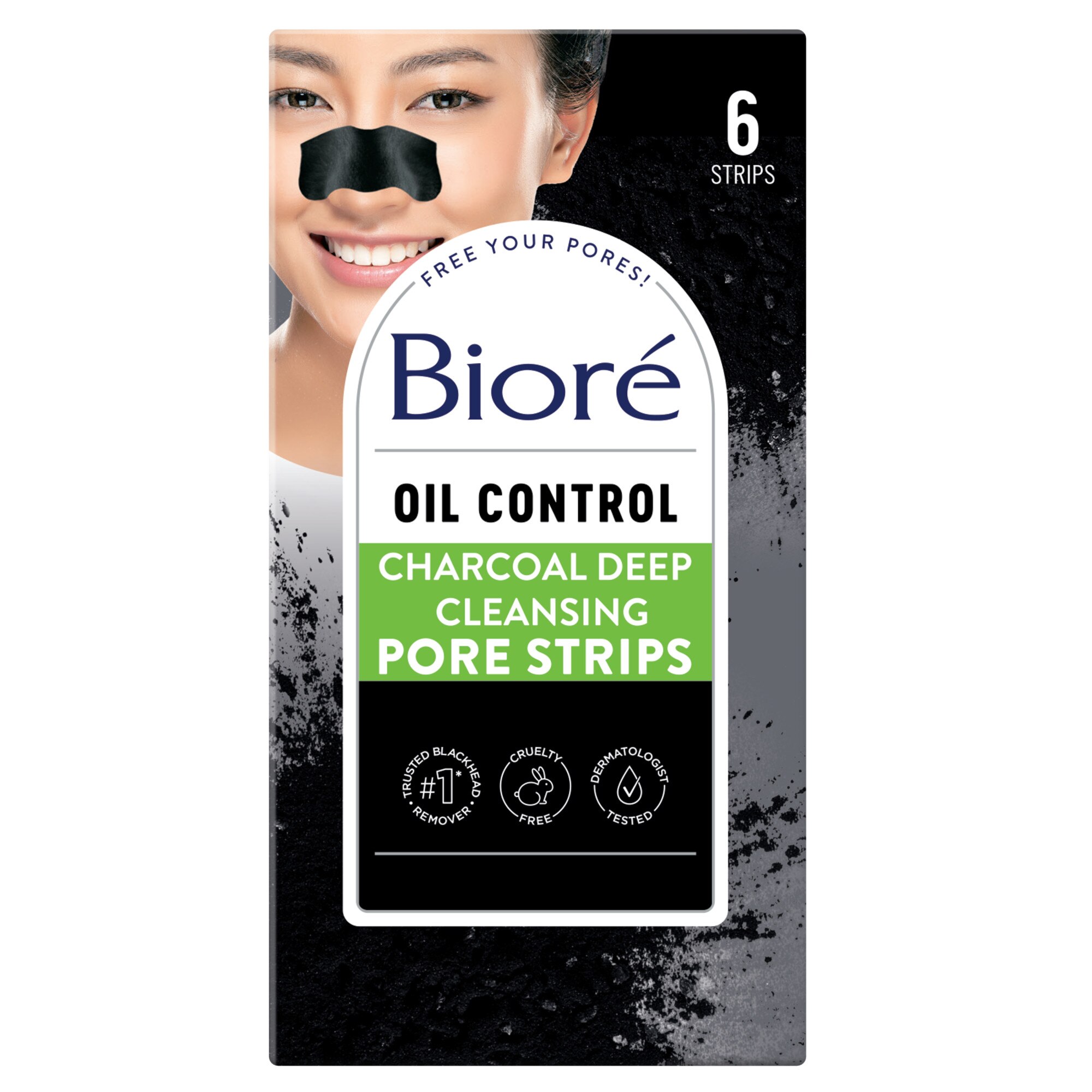 Biore Charcoal Blackhead Remover Pore Strips, Nose Strips for Deep Pore Cleansing, 6CT