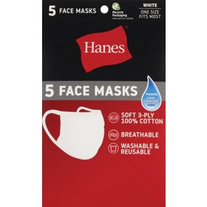  Hanes White Face Masks, Washable & Reusable, 5 CT 