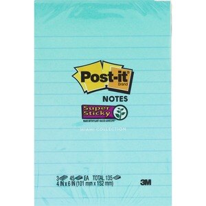 3M™ Super Sticky Pads, Lined, 4x6, 45 Sheets/Pad, 4 Pads/Pk, Assorted