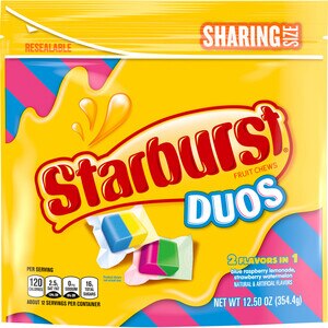 STARBURST Duos Blue Raspberry & Strawberry Watermelon Fruit Chews Candy, Sharing Size 12.5 oz Bag