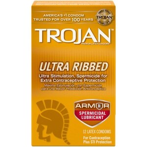 Trojan Ultra Ribbed - Condones con espermicidas, 12 u.