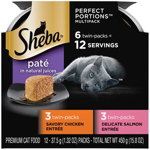 Sheba Perfect Portions Wet Cat Food Pate Variety Pack, Savory Chicken and Delicate Salmon Entrees, 2.6 OZ, 6 Twin Packs