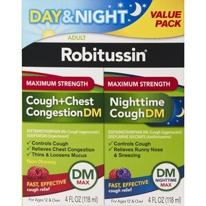 Robitussin Adult Maximum Strength Cough + Chest Congestion DM Max & Nighttime Cough DM Max (2 bottles of 4 fl. oz.), Cough Suppressant, Expectorant (Day) & Cough Suppressant, Antihistamine (Night)