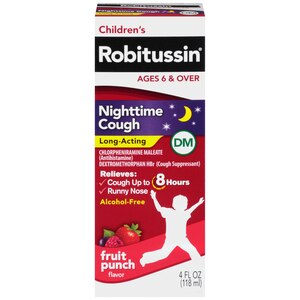  Children's Robitussin Nighttime Cough Long-Acting (4 Fl. Oz, Fruit Punch Flavor), 8-Hour Cough Suppressant, Alcohol-Free, Ages 4+ 