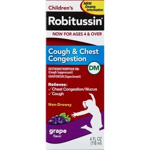  Children's Robitussin Cough & Chest Congestion DM (4 fl. oz, Grape Flavor), Non-Drowsy Cough Suppressant & Expectorant, Ages 4+ 