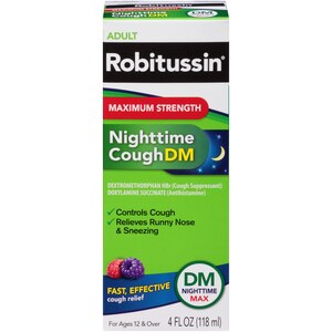 Robitussin Adult Maximum Strength Nighttime Cough DM Max (4 fl. oz. Bottle), Cough Suppressant & Antihistamine, Blue Raspberry Flavor