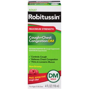 Robitussin Adult Maximum Strength Cough + Chest Congestion DM Max (. Bottle), Non-Drowsy Cough Suppressant & Expectorant, Raspberry Flavor - 4 Oz