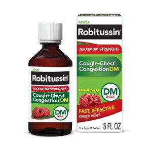 Robitussin Adult Maximum Strength Cough + Chest Congestion DM Max (. Bottle), Non-Drowsy Cough Suppressant & Expectorant, Raspberry Flavor - 8 Oz