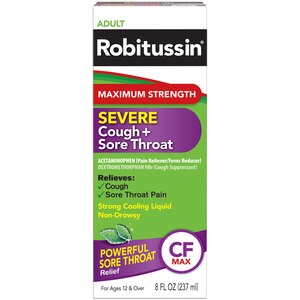  Robitussin Adult Maximum Strength Severe Cough + Sore Throat Relief Medicine, Cough Suppressant, Acetaminophen (8 Fluid Ounce Bottle) 