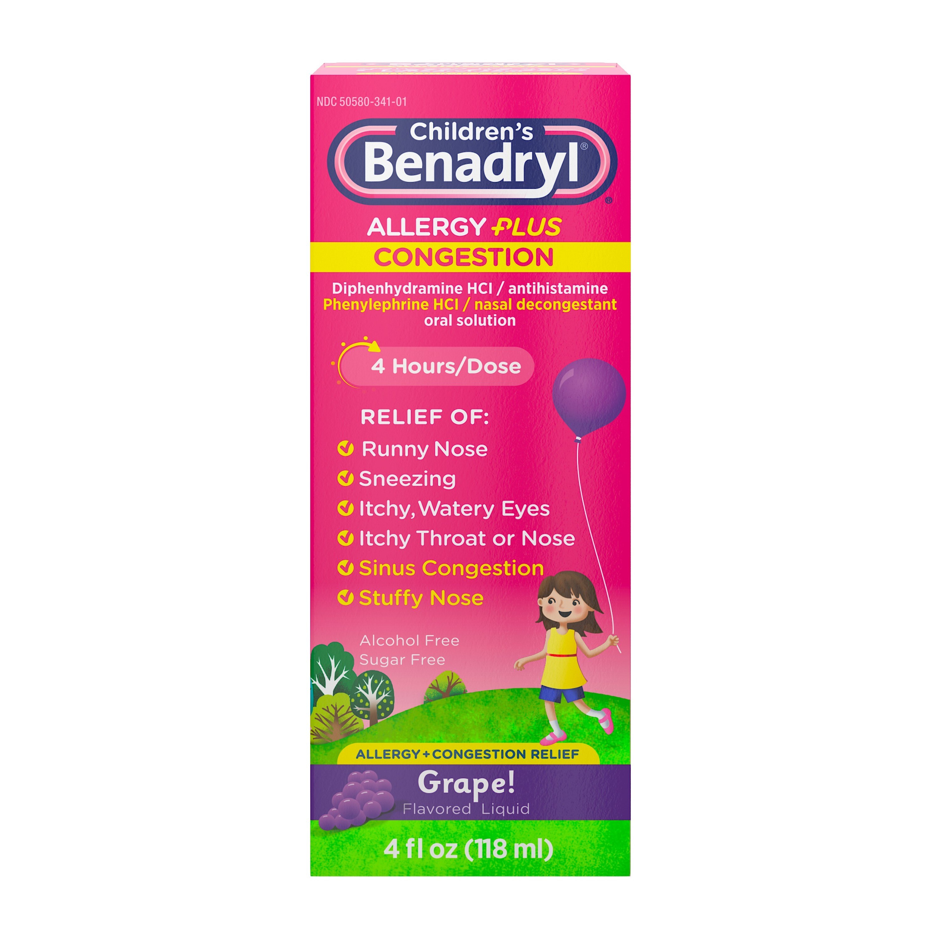 Children's Benadryl Allergy Plus - Jarabe para la congestión, Grape, 4 oz líq.