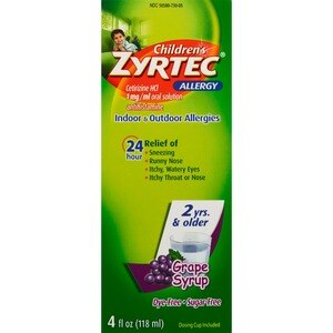 Zyrtec 24 Hr - Jarabe pediátrico para el alivio de la alergia, sabor Grape, 4 oz líq.