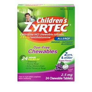 Zyrtec Children's 24HR Dye-Free Allergy Relief Chewable Tablets, 2.5mg Cetirizine HCl, Grape, 24 Ct , CVS