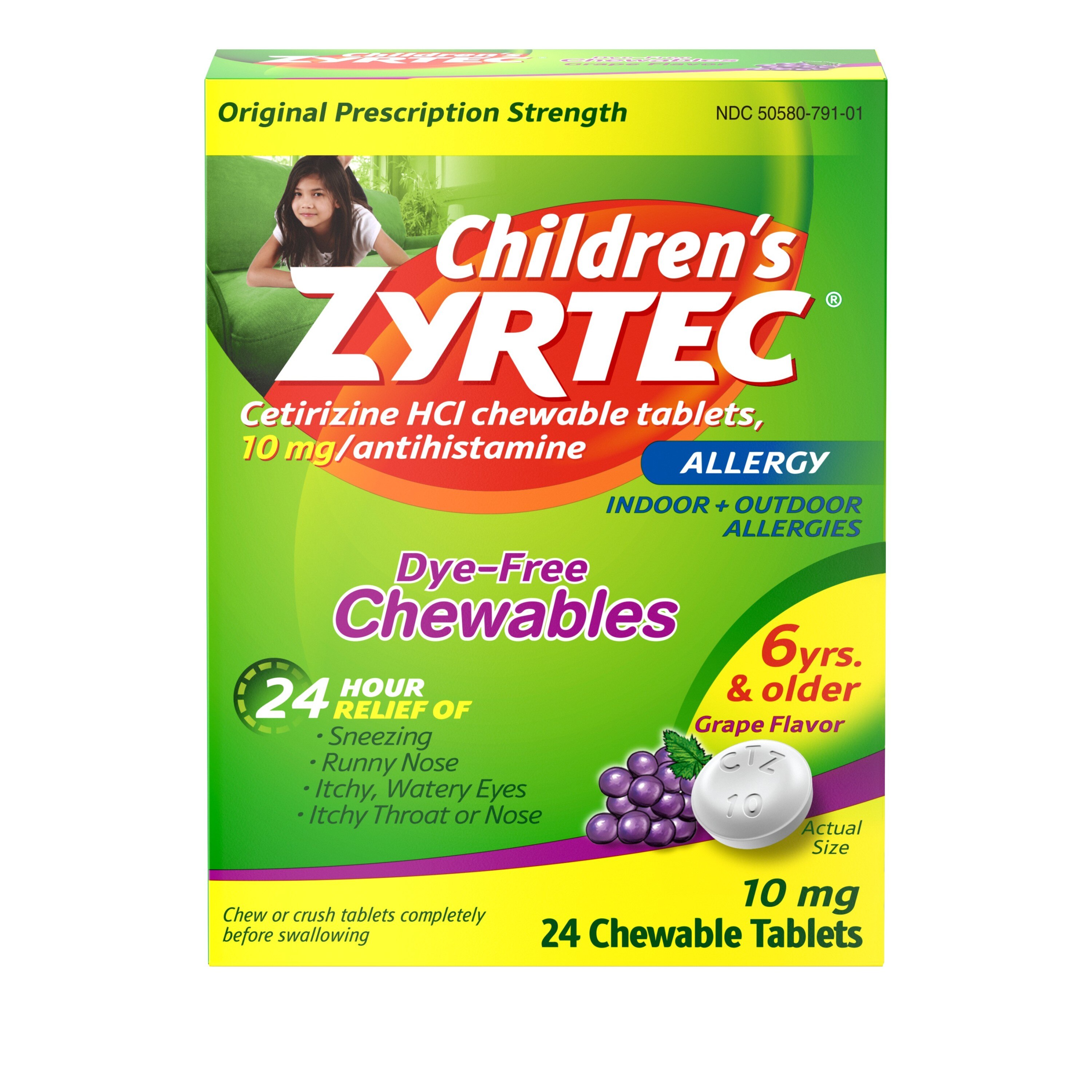 Zyrtec Children's 24HR Dye-Free Allergy Relief Chewable Tablets, 10mg Cetirizine HCl, Grape, 24 Ct , CVS