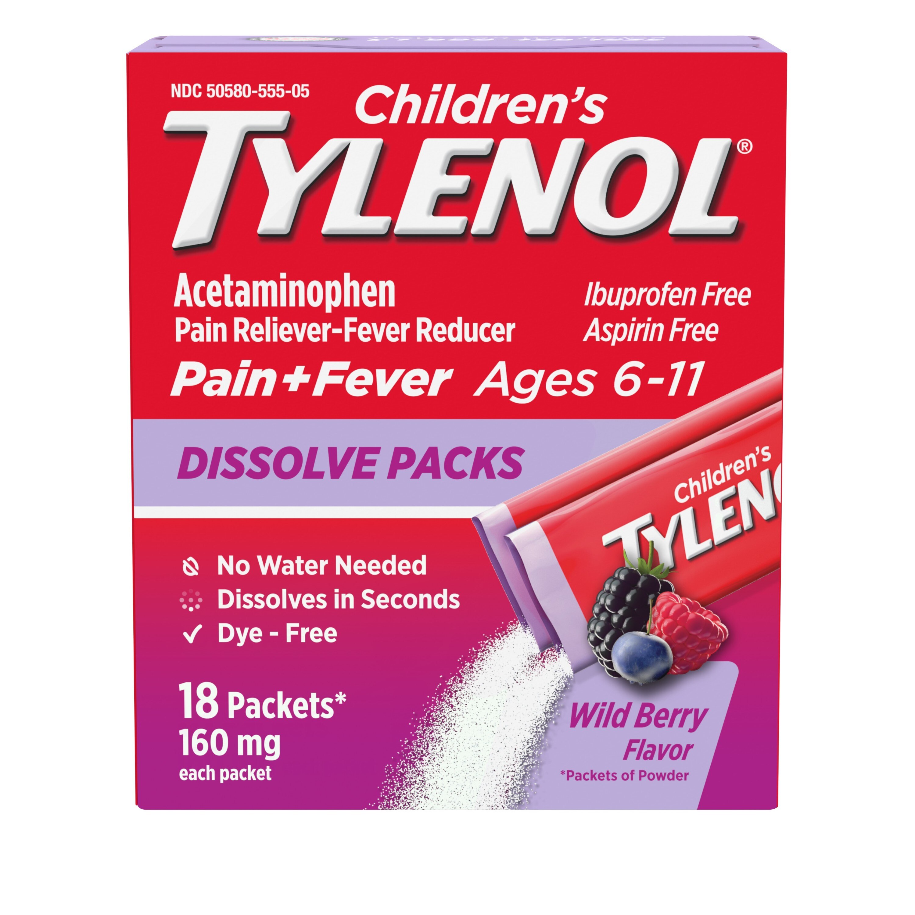 Children's Tylenol - Acetaminophen soluble en sobre, pediátrico, Wild Berry, 18 u.