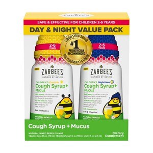 Zarbee's Kids Cough + Mucus Day/Night with Honey, Ivy Leaf, Zinc & Elderberry, Mixed Berry, 2x4 oz líq.