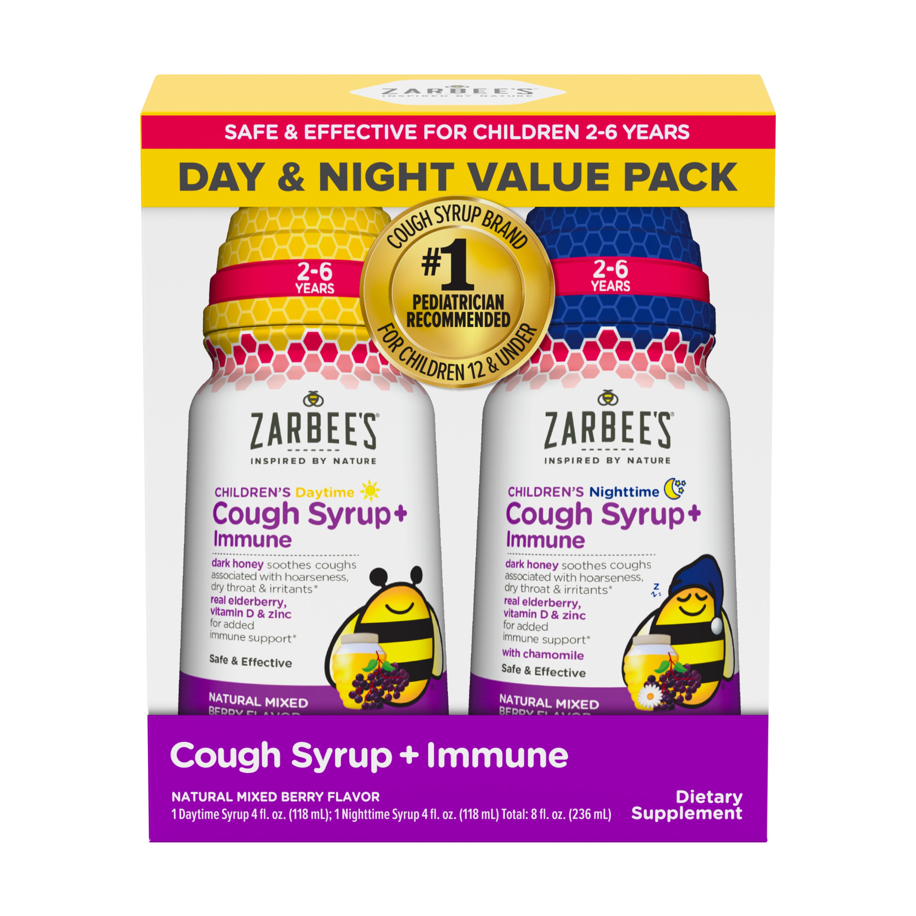 Zarbee's Kids - Cough + Immune Day/Night para niños de 2 a 6 años, con miel, vitamina D y cinc, Mix Berry, 2x4 oz líq.