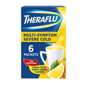 Theraflu Multi-Symptom Severe Cold - Polvo para preparar infusión caliente, Tea Infusions, sabores Green Tea y Honey Lemon, caja con 6 u.