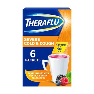 Theraflu Daytime Severe Cold and Cough Hot Liquid Powder Berry Infused with Menthol and Green Tea Flavors 6 Count Box