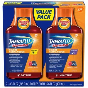 Theraflu ExpressMax Daytime/Nighttime Combo Pack Berry Warming Relief Formula Syrup for Cough & Cold Relief, 16.6 OZ, Value Pack