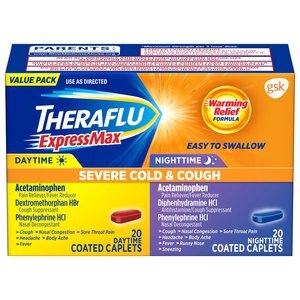 Theraflu ExpressMax Severe Cold & Cough Combo Daytime Nighttime Warming Relief Formula Coated Caplets for Cough & Cold Relief, 40 count Value Pack (2x20)