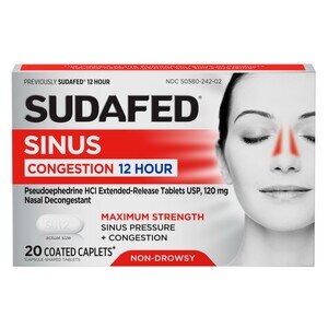 Sudafed Maximum Strength 12 Hour Sinus Decongestant, Non-Drowsy, 20 CT
