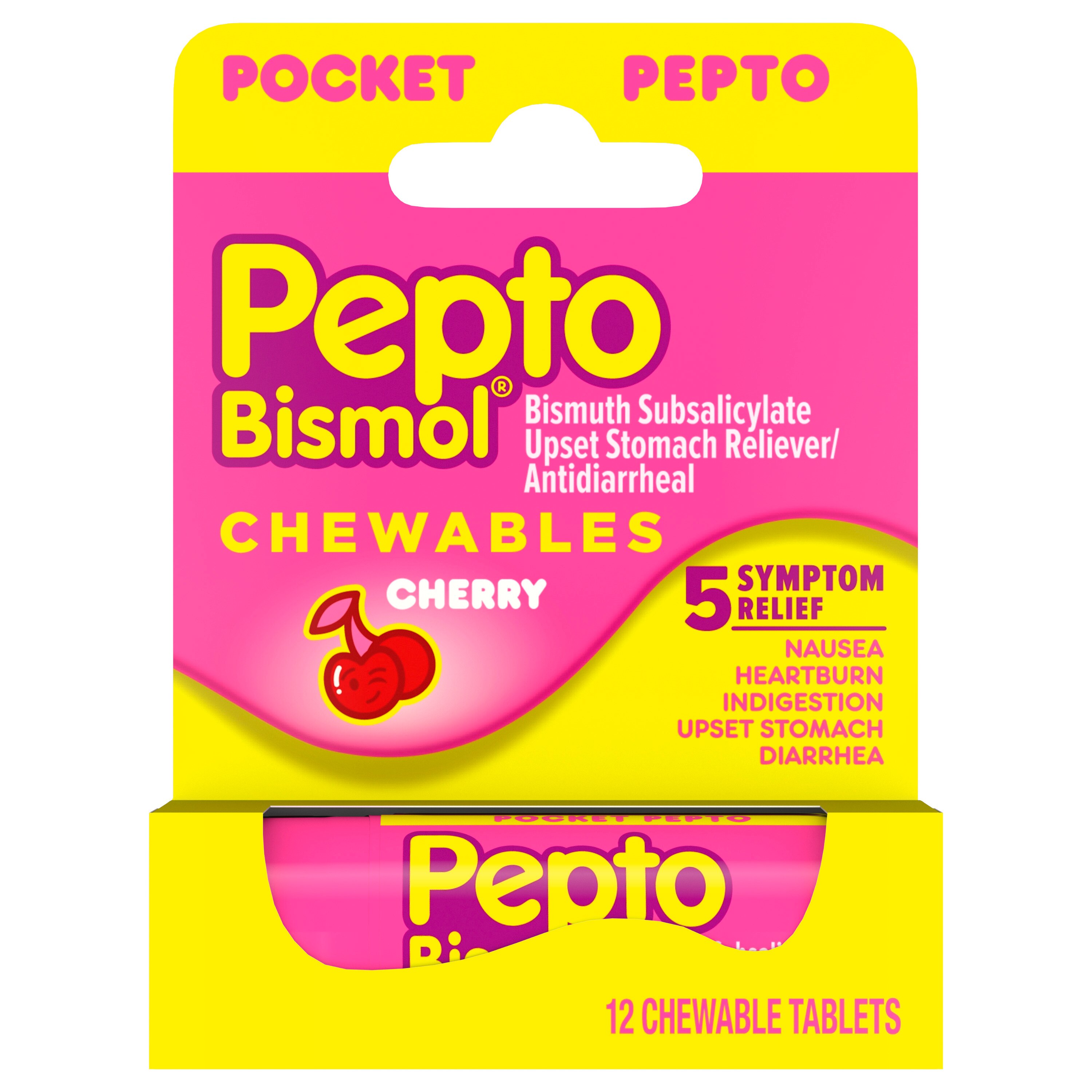 Pepto Bismol, 5 Symptom Relief Chewable Tablets, Cherry Flavor 12 Ct , CVS