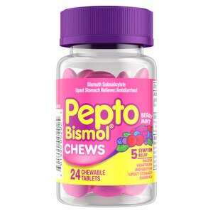 Pepto Bismol Chews, Berry Mint Flavor, for Relief of Gas, Nausea, Heartburn, Indigestion, Upset Stomach, and Anti Diarrhea, 24CT