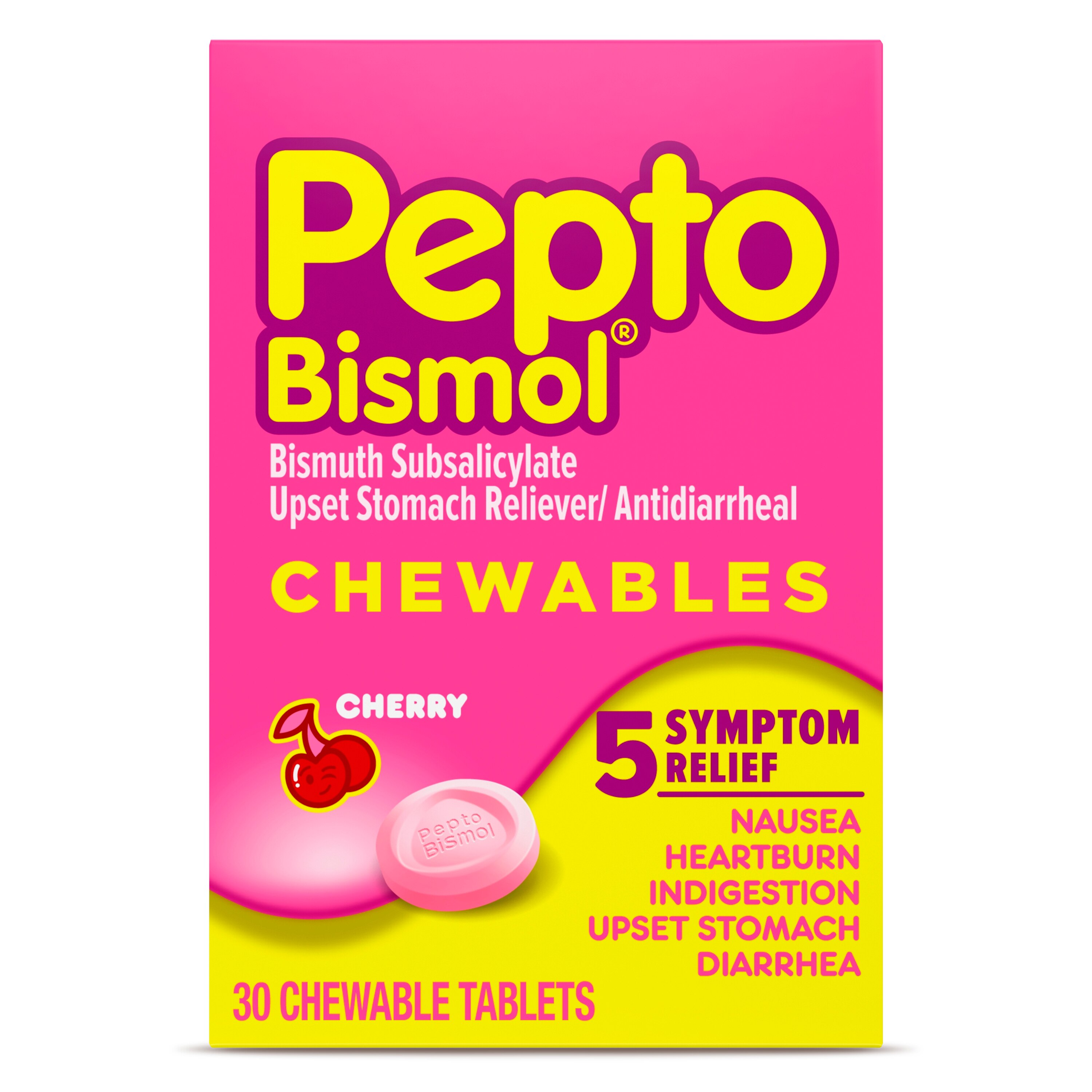 Pepto-Bismol 5 Symptom Relief - Tabletas masticables, Cherry, 30 u.