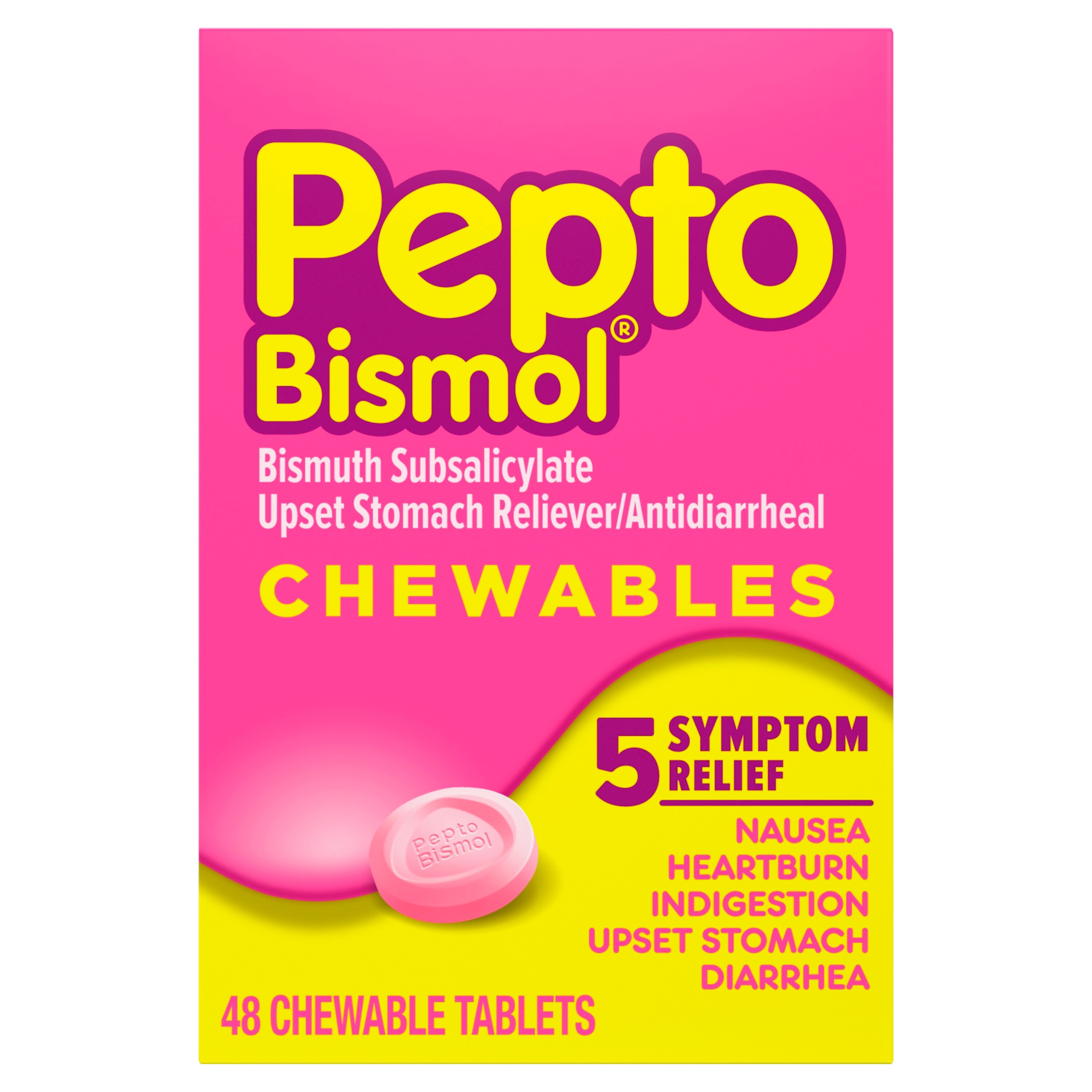 Pepto-Bismol - Tabletas masticables antidiarrea y para alivio del malestar estomacal, 48/paquete