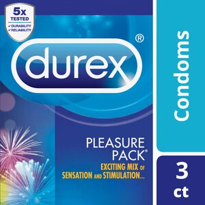 Durex Pleasure Pack, Assorted Lubricated Premium Condoms, 3 Count