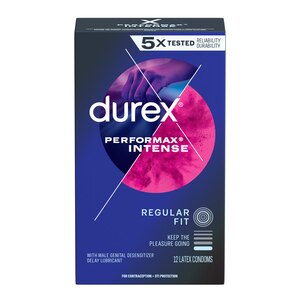 Durex Performax Intense - Condones lubricados premium estriados y punteados, 12 u.
