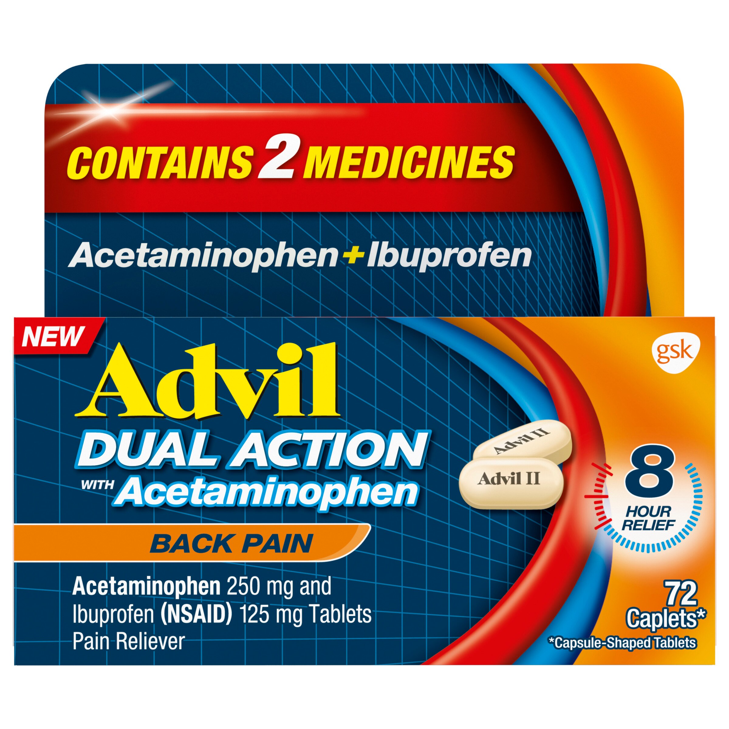 Advil Dual Action Back Pain Relief 250 MG Acetaminophen And 125 MG Ibuprofen (NSAID) Caplets, 72 Ct , CVS