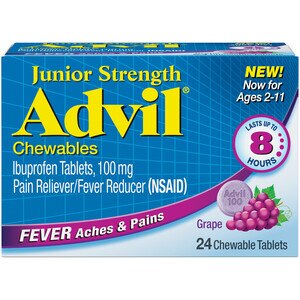 Children's Advil Junior Strength - Analgésico y antifebril en tabletas masticales, ibuprofeno pediátrico de 100 mg para niños de 2-11 años, Grape - Paquete de 24