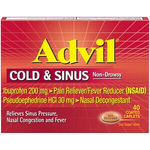 Advil Cold And Sinus Relief Coated Caplets, Non-Drowsy Pain Reliever & Fever Reducer, 40 Ct , CVS