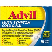 Advil Multi-Symptom Cold & Flu - Tabletas recubiertas para síntomas del resfriado y la gripe, 200 mg de ibuprofeno, 10 u.