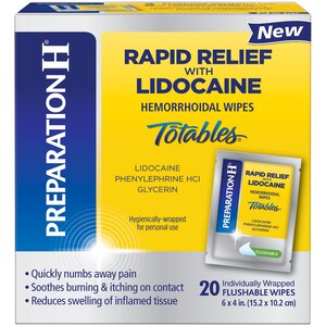 Preparation H Rapid Relief with Lidocaine Hemorrhoid Symptom Treatment Flushable Wipes, Numbing Relief for Pain, Burning and Itching, Reduces Swelling, 20 count Box