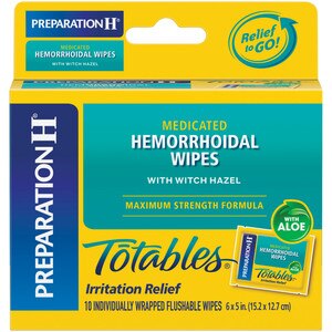 PREPARATION H (10 Count) Flushable Medicated Hemorrhoid Wipes, Maximum Strength Relief with Witch Hazel, Irritation Relief Wipes to Go