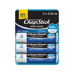 ChapStick Moisturizer (Original Flavor, 0.15 Ounce, 3 Sticks) Lip Balm Tube, Skin Protectant, Lip Care, SPF 15