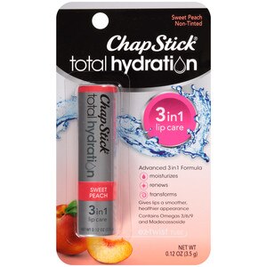  ChapStick Total Hydration (Sweet Peach Flavor, 0.12 Ounce) Flavored Lip Balm Tube, 3 in 1 Lip Care, Contains Omegas 3 6 9 