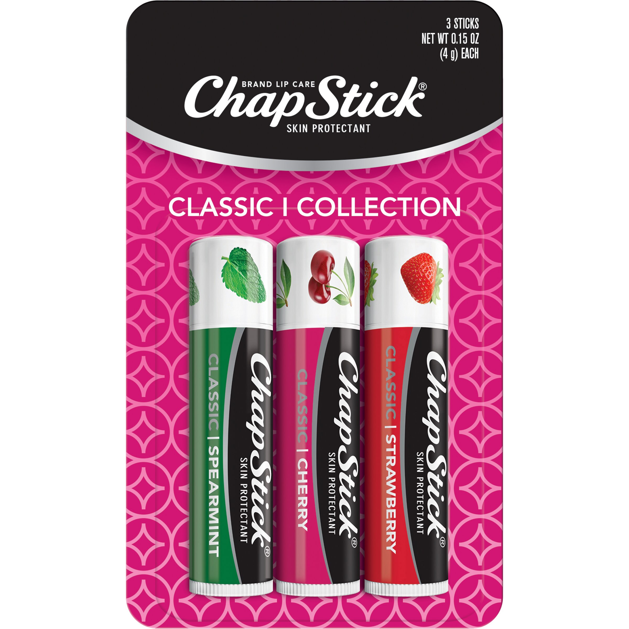 ChapStick Classic Spearmint, Cherry and Strawberry Lip Balm Variety Pack, 0.15 OZ, 3 CT