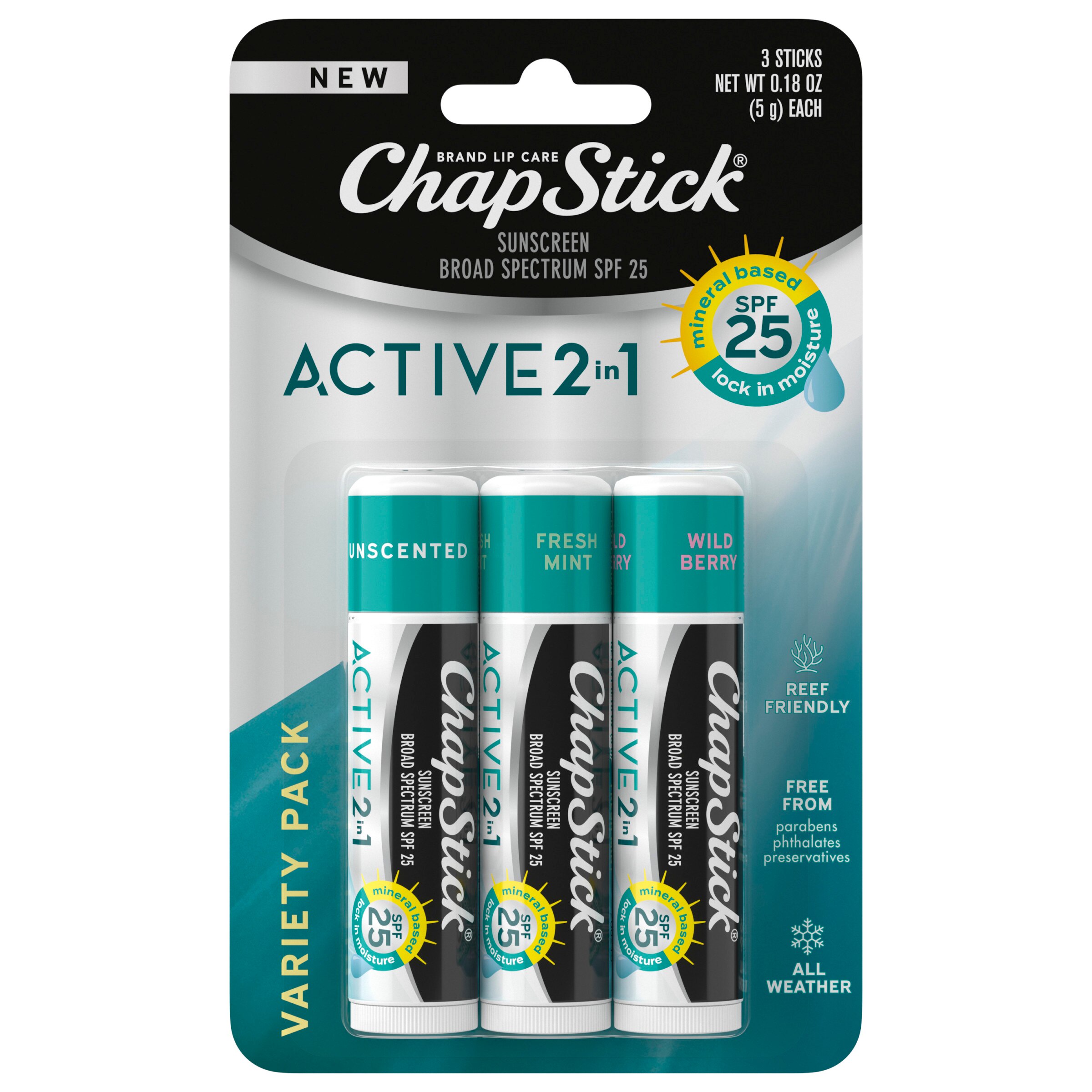 ChapStick Active 2-in-1 Unscented, Wild Berry And Fresh Mint Flavored Lip Balm, 0.18 Oz, 3 Ct - 0.15 Oz , CVS