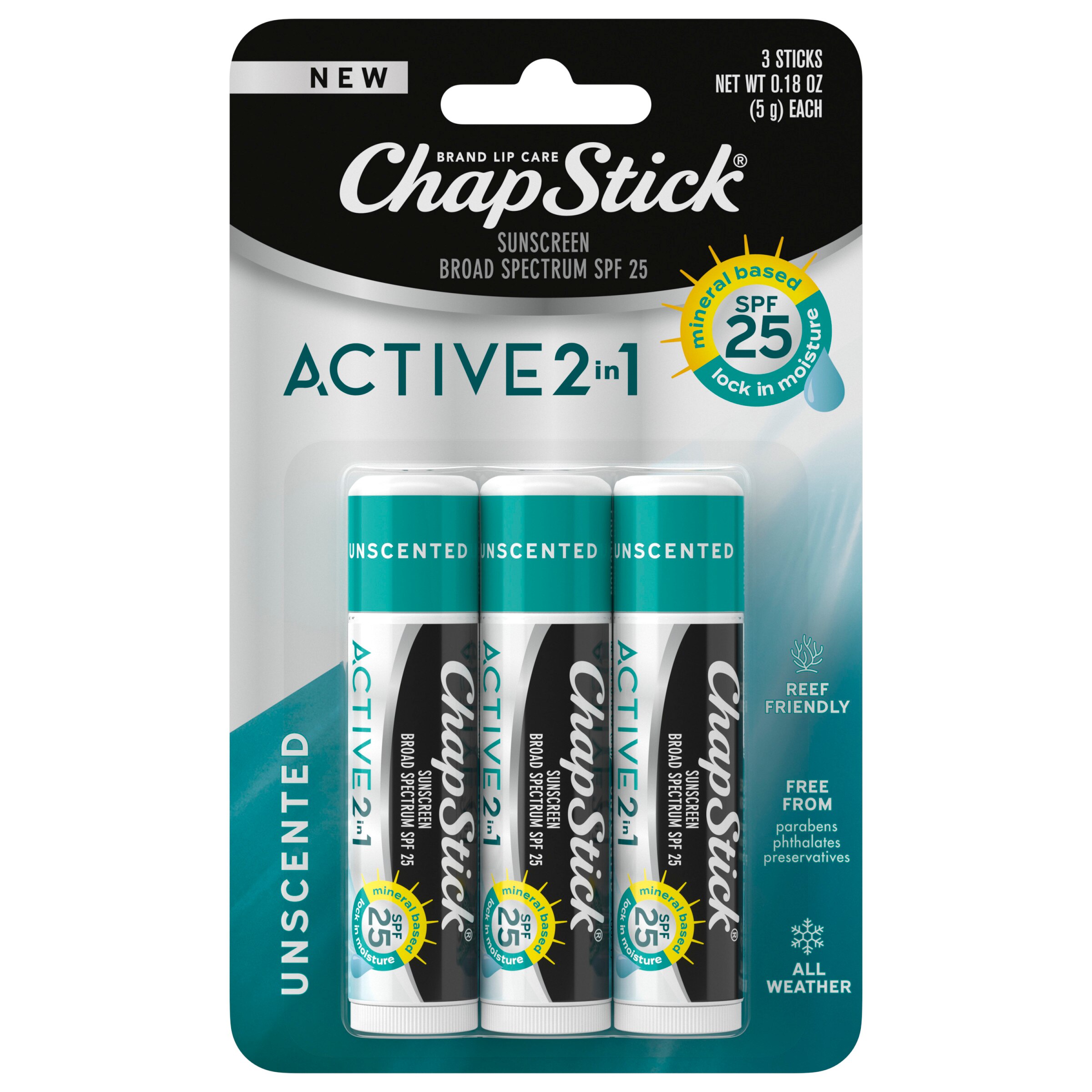 ChapStick Active 2-in-1 Unscented Lip Balm, 0.15 OZ, 3 Ct , CVS