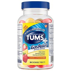 TUMS Chewy Bites Chewable Antacid Tablets with Gas Relief, Lemon & Strawberry, 54 CT