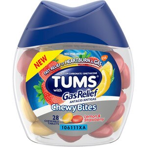 TUMS Chewy Bites Antacid Plus Gas Relief, Lemon and Strawberry Hard Shell Chew, 28 CT