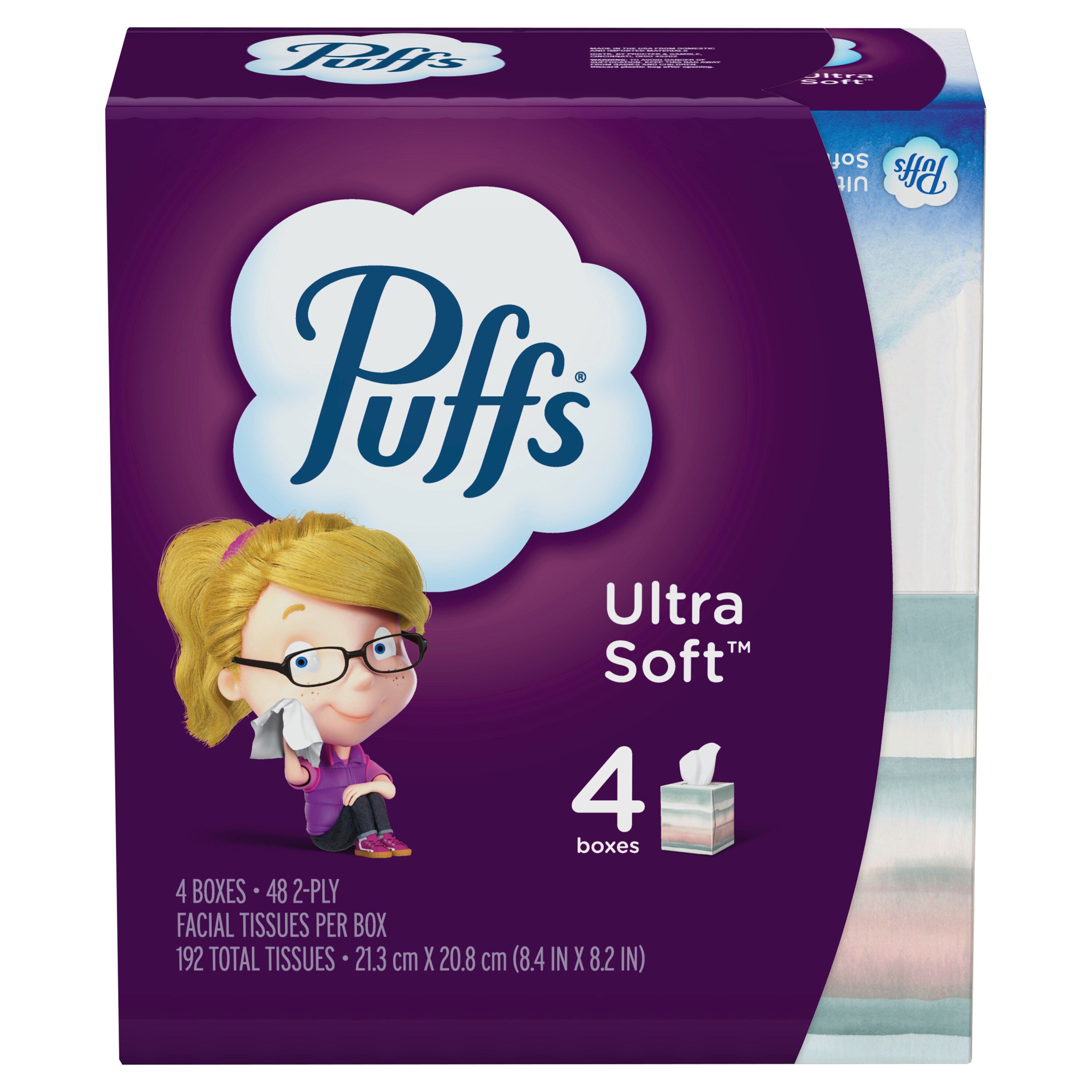 Puffs Ultra Soft Non-Lotion Facial Tissues, 4 Cube Box, 48 Tissues per Cube