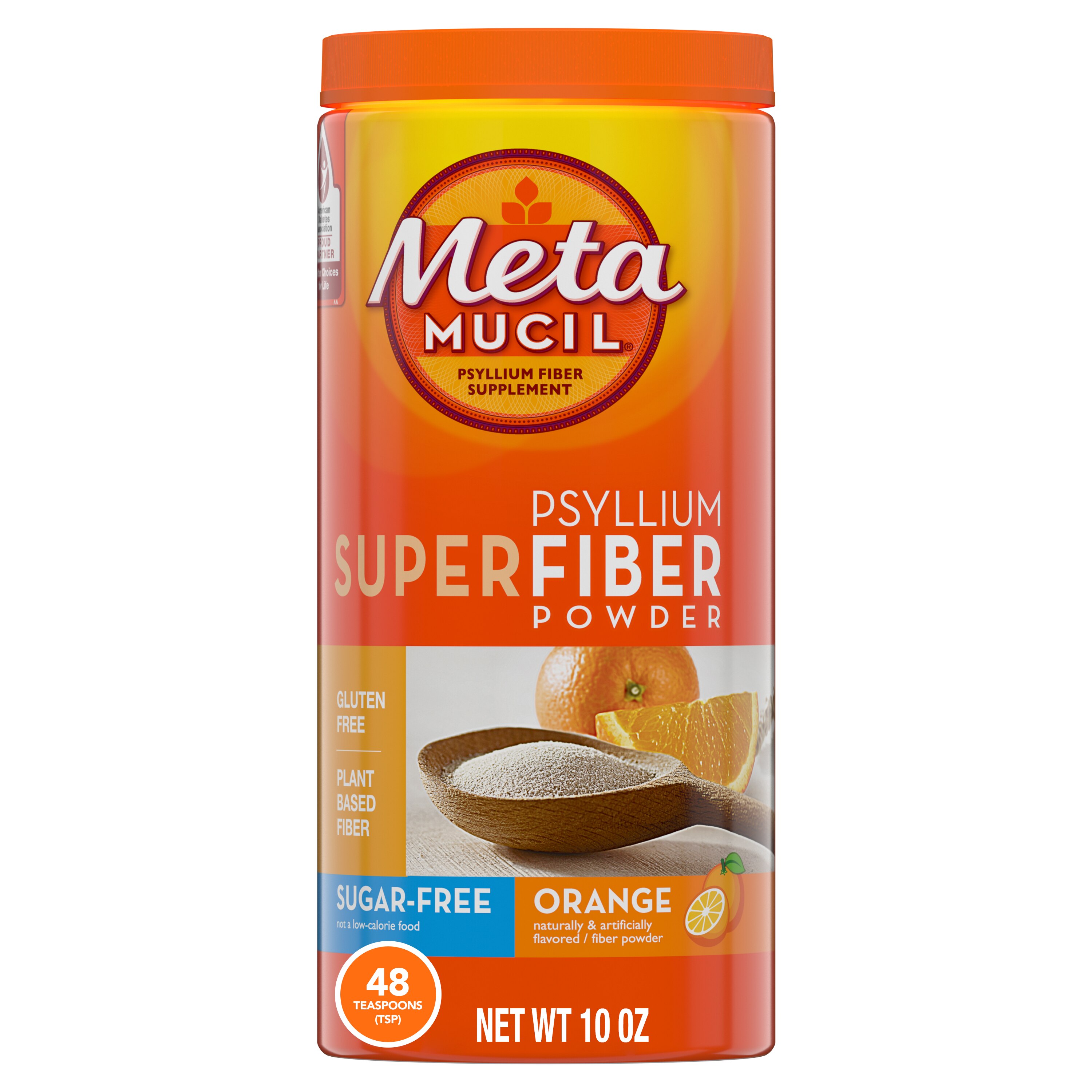 Metamucil SuperFiber Supplement Powder, Gluten Free and Sugar Free, 100% Natural Psyllium Fiber, Orange Flavored, 48 Servings, 10 OZ